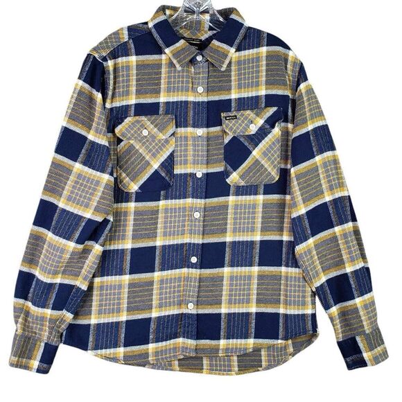 Brixton Shirt Men Medium Yellow Blue Plaid Long Sleeve Button Down - Picture 2 of 11